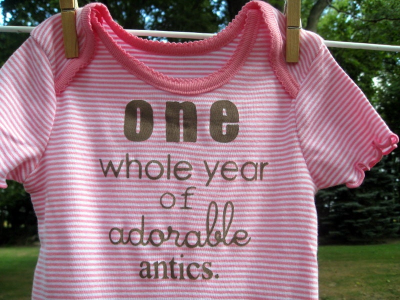 one whole year of adorable antics --- pink striped onesie, size 12 months