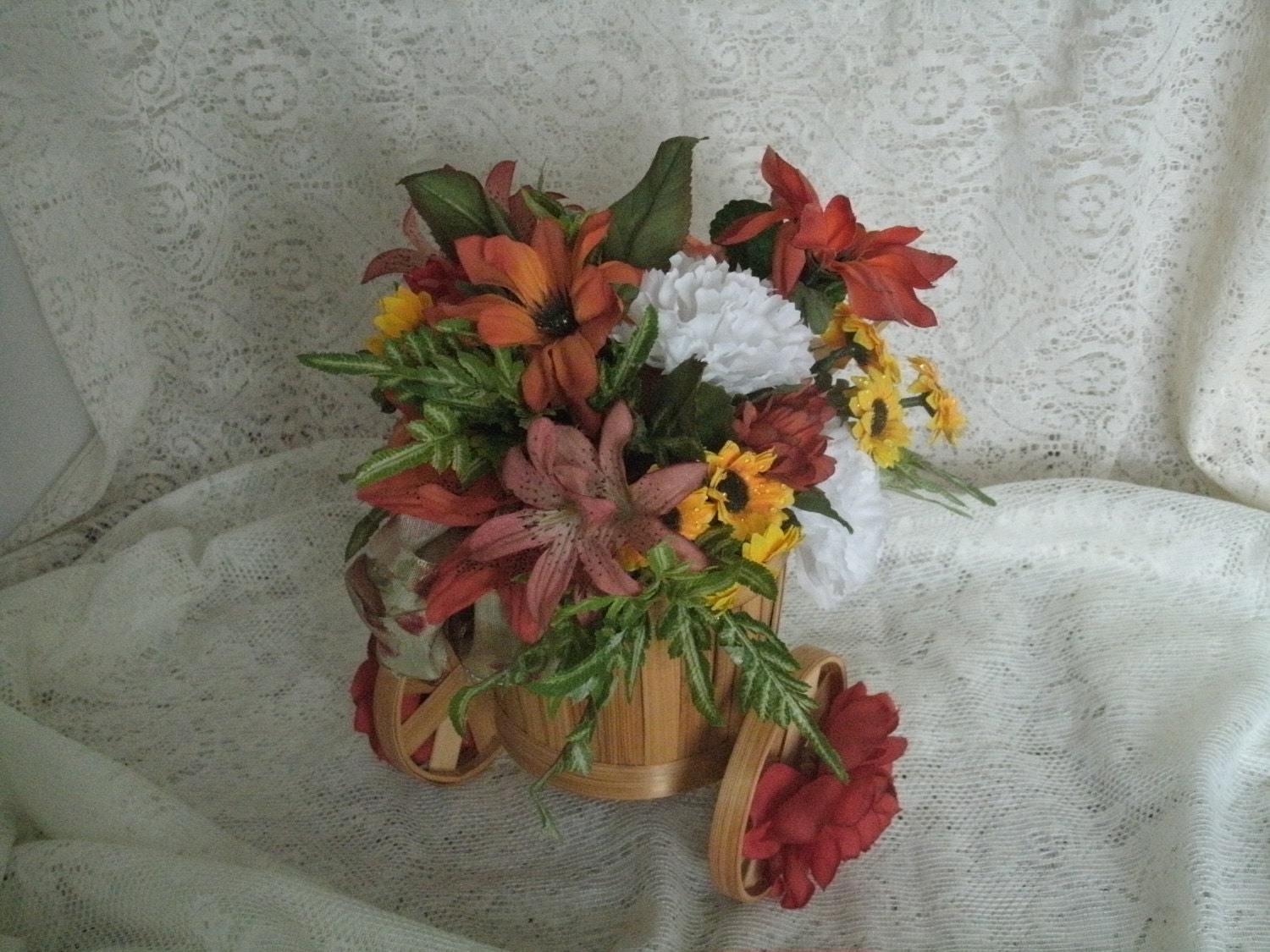 Floral Arrangement in Vintage Wicker Cart, table decoration home decor centerpiece houseware cottage chic flowers rustic