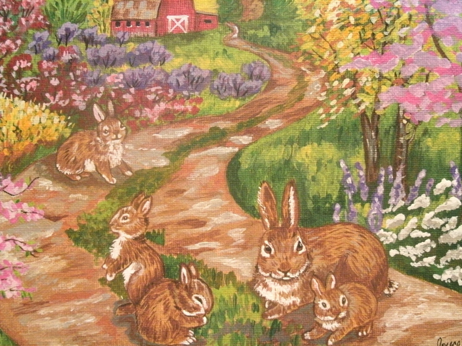Painting Of Bunnies On Country Path, fine art acrylic realism animal rabbit barn landscape rustic spring woodland home decor