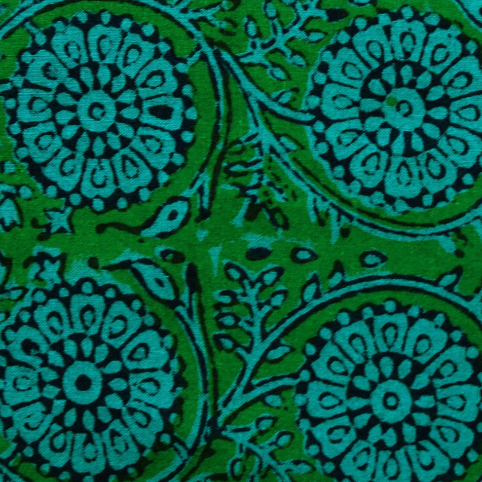 hand block print cotton fabric - green and blue floral pattern 1 yard
