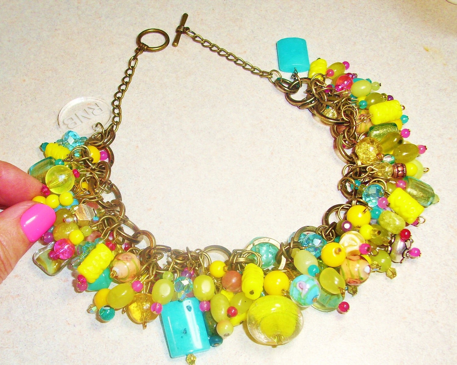 Yellow, Spring Green, Aqua, Pinks Handbeaded Fashion Necklace