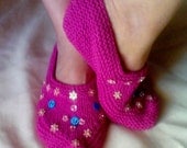 Hand Knit Slippers in Pink/Fuschia with Sparkling Sequins Women Spring Summer Fall Winter Christmas Special Gift