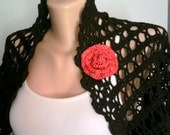 Crochet 100% Cotton Black Shrug Bolero with Red Removable Flower Spring Summer Fall Winter Women Wedding Clothing