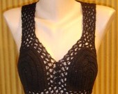 Crochet Black Pure Egyptian Cotton Halter Top Tank Spring Summer Women