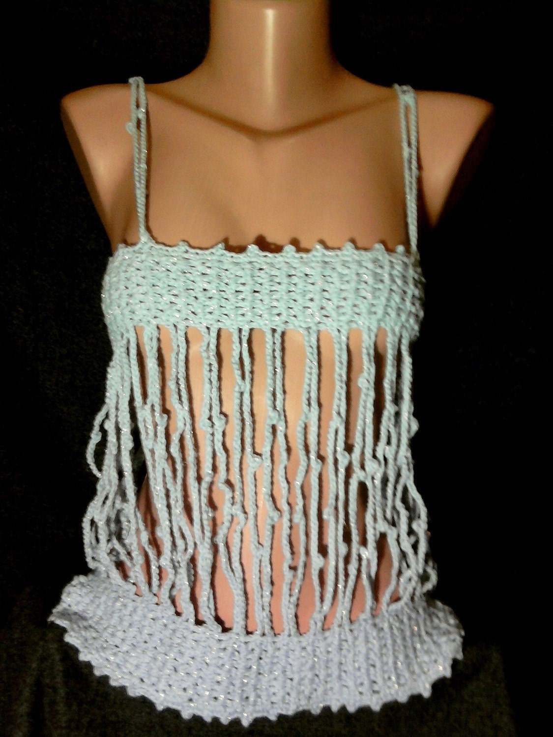 Crochet Top Tank Halter Blue Shiny Cotton Yarn Swimwear Beach Time Spring Summer Women