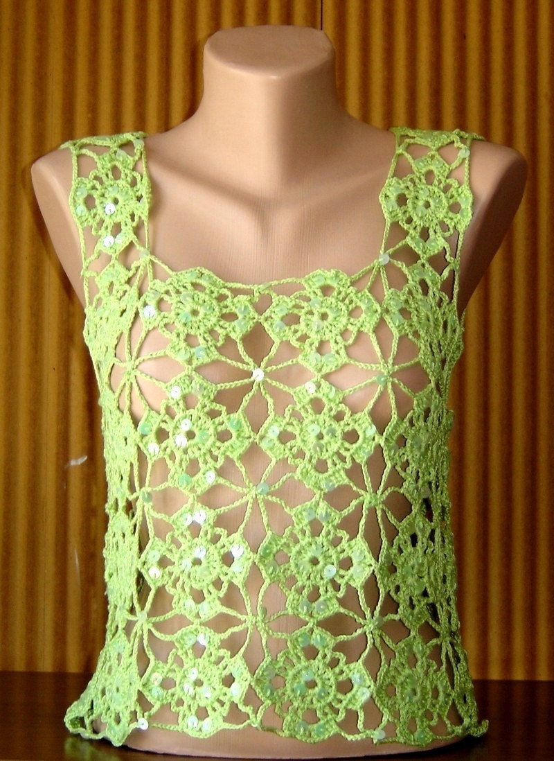 Crochet Light Green Cotton Top Tank Halter with Sequins