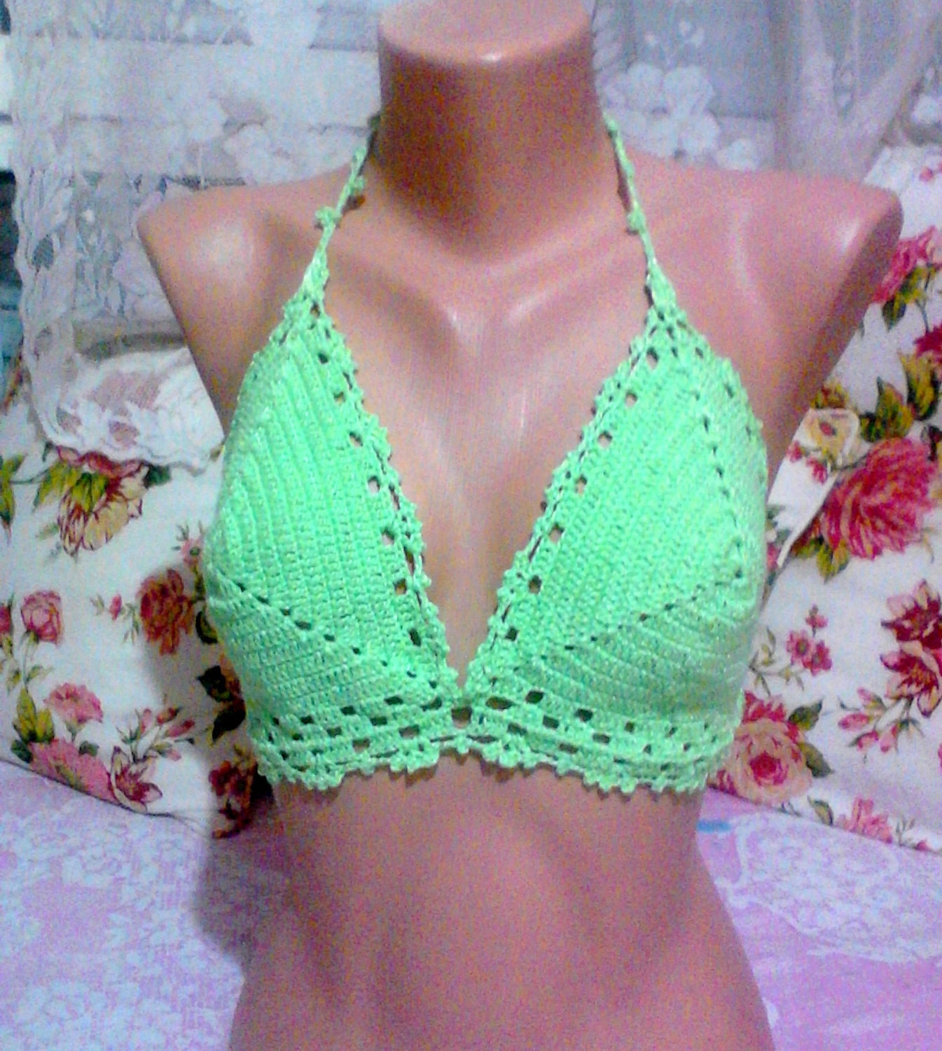 Bikini Top Tank Halter Green Crochet Cotton Mixed Bikini Top Festival Top Swimwear Beacwear Spring Summer Fashion Women Clothing