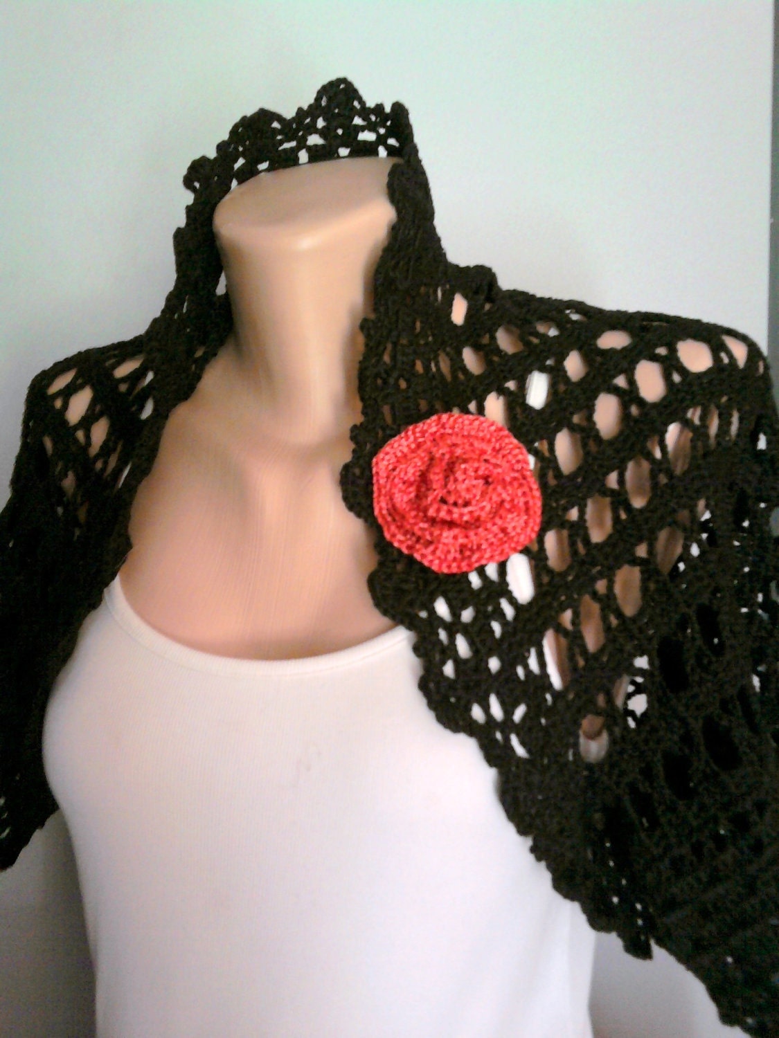 Crochet 100% Cotton Black Shrug Bolero with Red Removable Flower Spring Summer Fall Winter Women Wedding Clothing