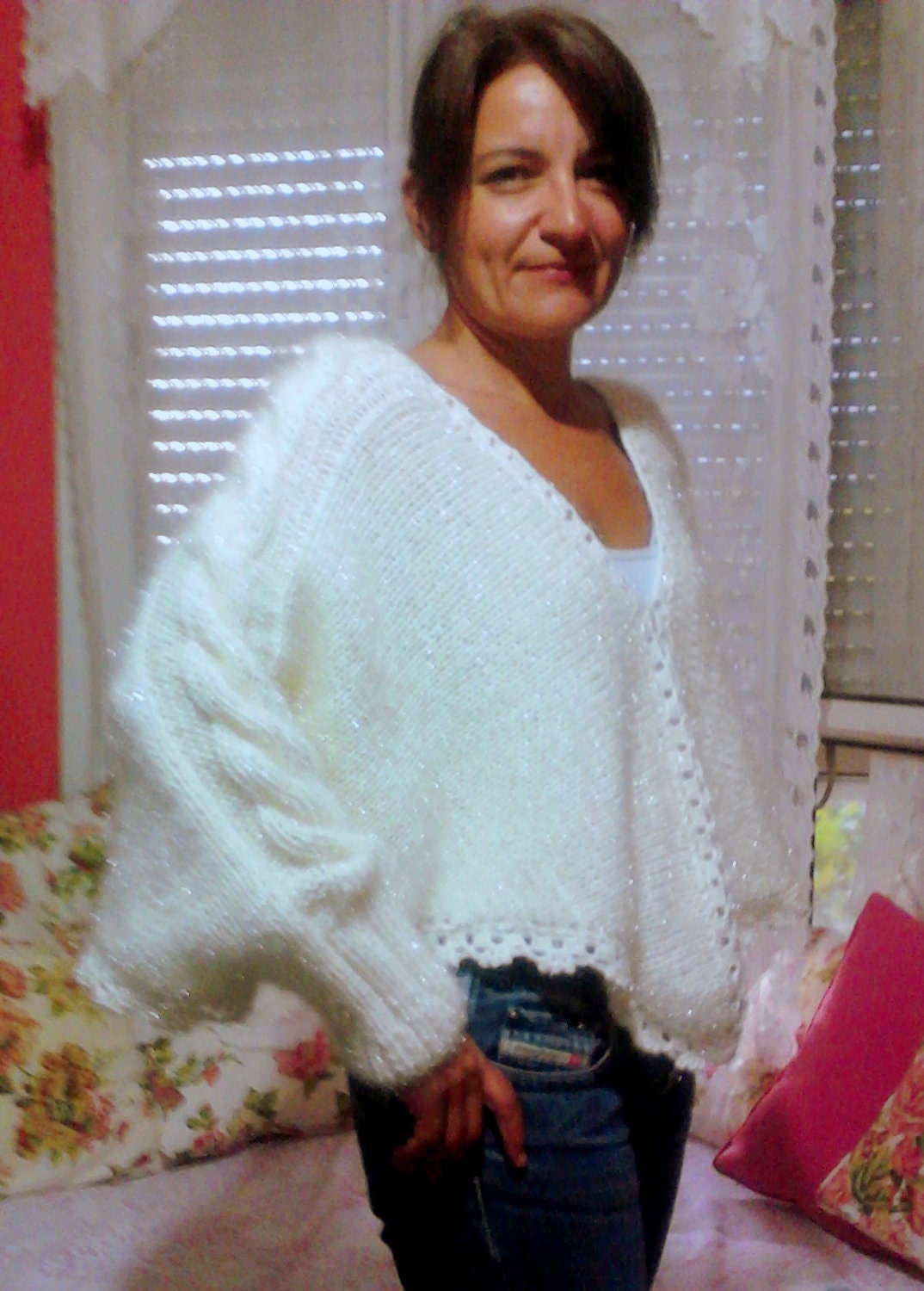 Angel Wings Hand Knit Sparkling Poncho Cabled Braided Long Bat Sleeves Off White/Ivory Women Fall Winter Christmas Wedding