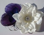 Bridal Hair Flower with Purple Peacock Feathers and Rhinestone - bridal hair flower clip pin comb feather / ivory hair flower
