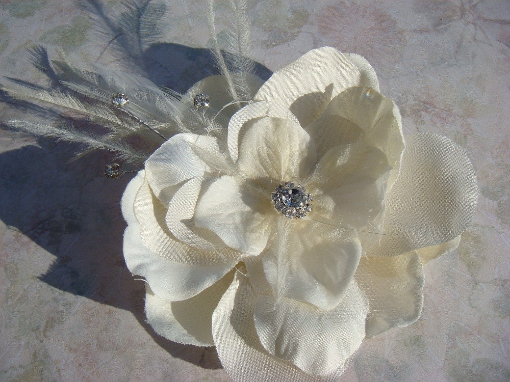 Bridal Ivory Flower hair clip / Rhinestone Bridal Ivory Hair Flower / dupioni silk tulle russian netting  champagne flower / AMANDA