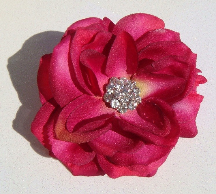 Realistic Fuschia Rose Bridal Flower Hair Clip - Custom Center - rhinestone pearl pin comb