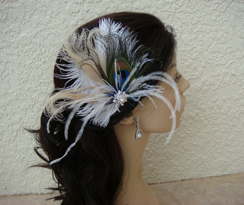PRIORITY Bridal Feather Facinator and veil SET / Old Hollywood peacock wedding feather white ivory teal blue peacock clip birdcage veil