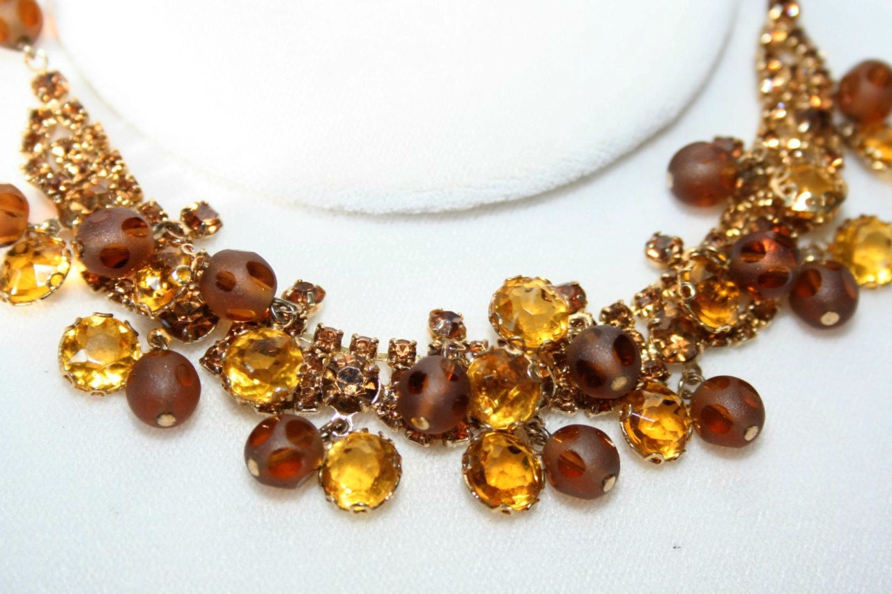 Gorgeous Vintage Amber Gold and Brown Rhinestone Satin Glass Beaded Necklace