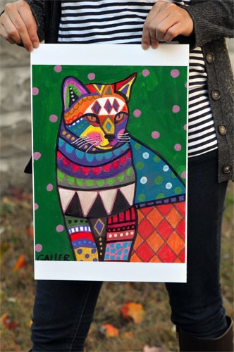 50% OFF SALE - Cat Art - Cat Art - FOLK Art Cat print Ginger Orange Cat - Wedding Gifts