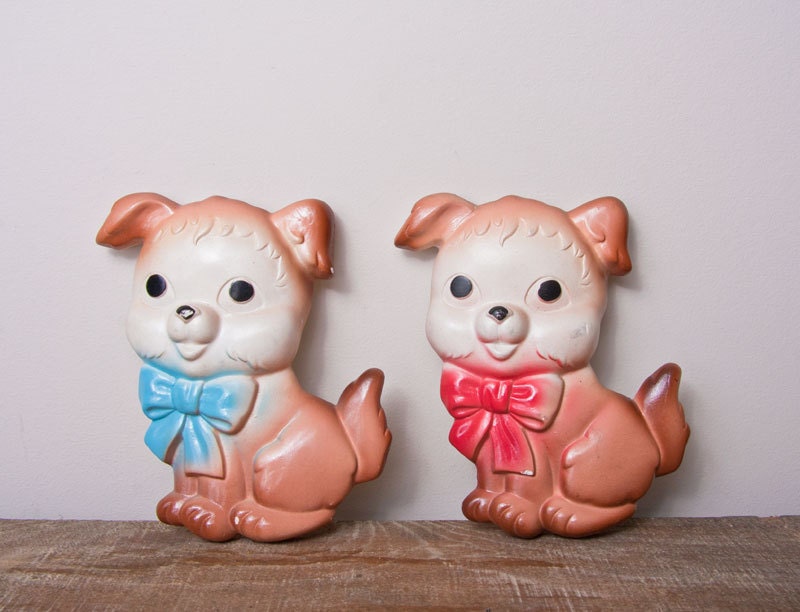 Nursery Decor Vintage chalkware dog  puppies 2 red bow and blue bow kitsch home decor