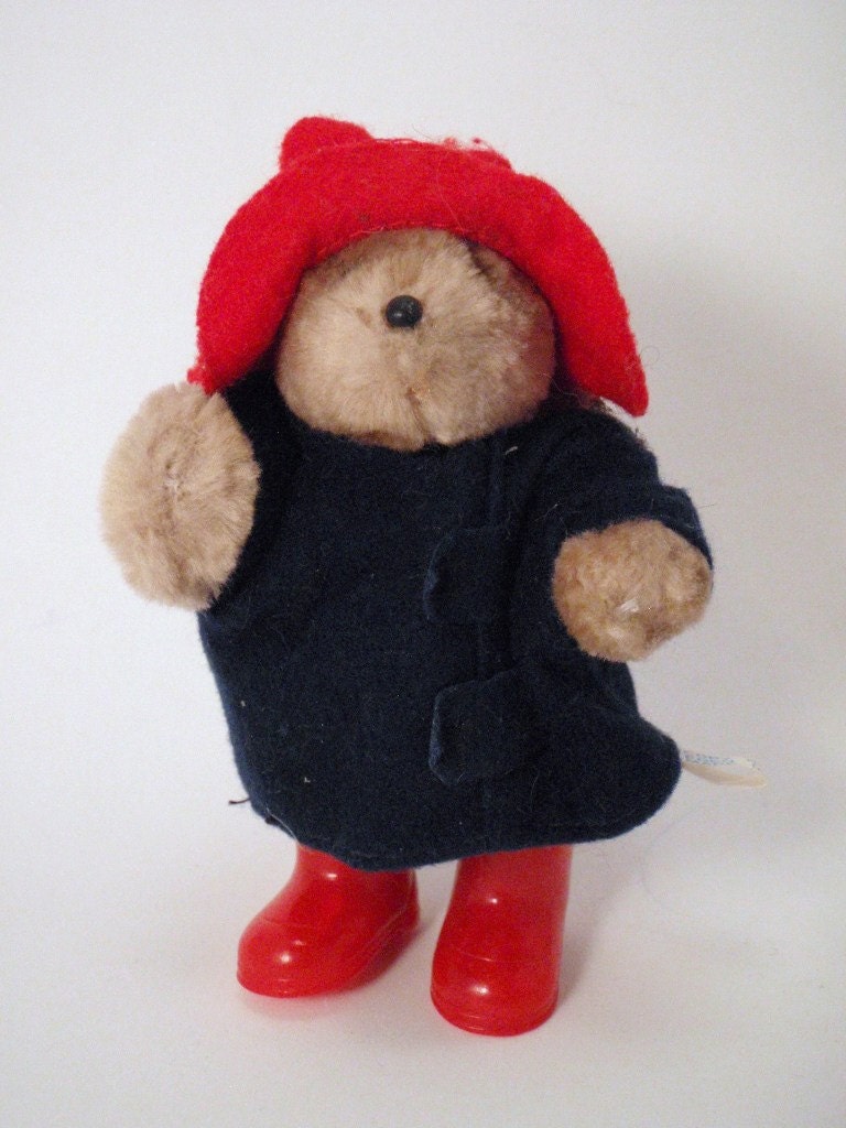 Small Poseable Paddington Bear With Blue Velvet Raincoat and Red Felt Hat