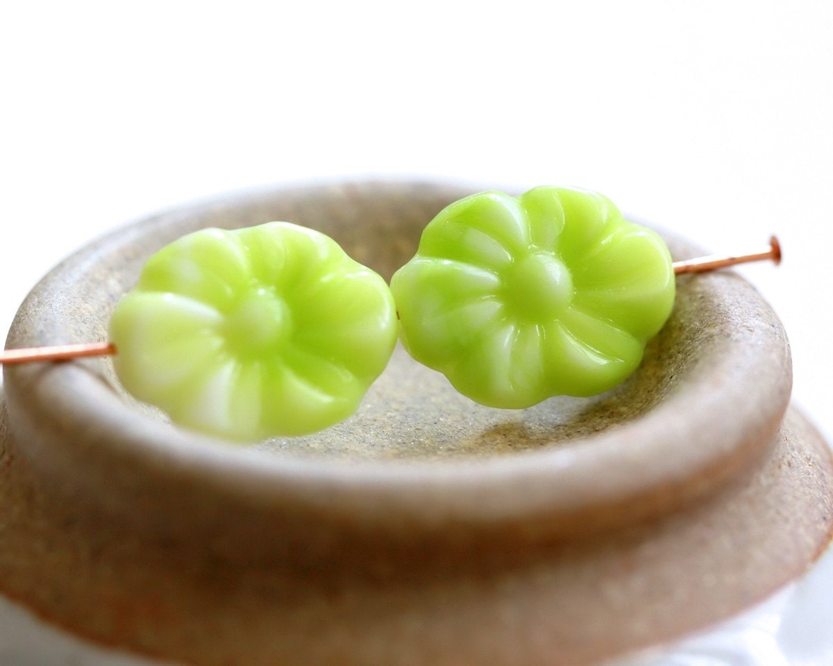 Vintage Glass Beads . Lime Green with White Glass Flower