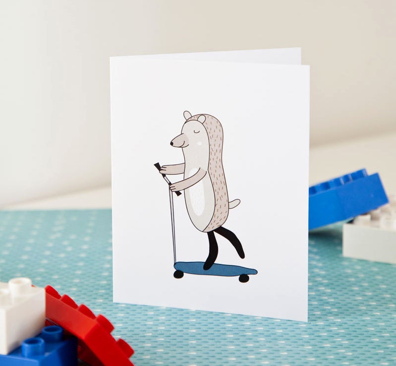 Kids Hedgehog card Scooter card Blank NoteCard kids children greeting card stationery gift card animal on scooter kids card shower gift card