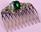 Deco Style Hair Comb Silver and Emerald Green Octogan Stone Jewel Vintage Style
