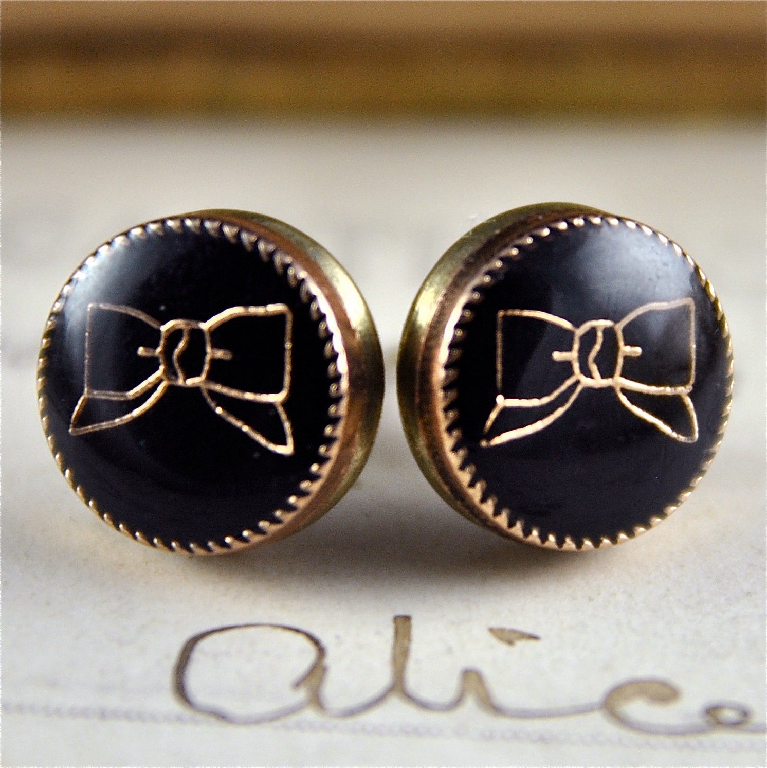 Bow Stud Earrings Black Copper and Bronze Vintage Style
