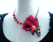 Woodland Vintage Style Statement Necklace Red Flower and Butterfly  - The Sandrine - Limited
