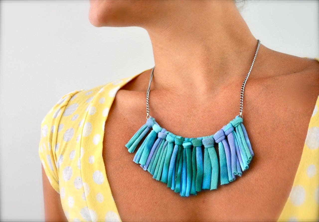 Turquoise Statement Necklace - upcycled Ombre Blue - Fabric Jewelry