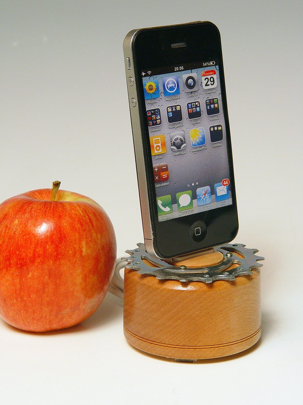 iPod dock. iPhone dock. Recycled bicycle gear and hard maple. Industrial desk art on the move. FAST SHIPPING. 154