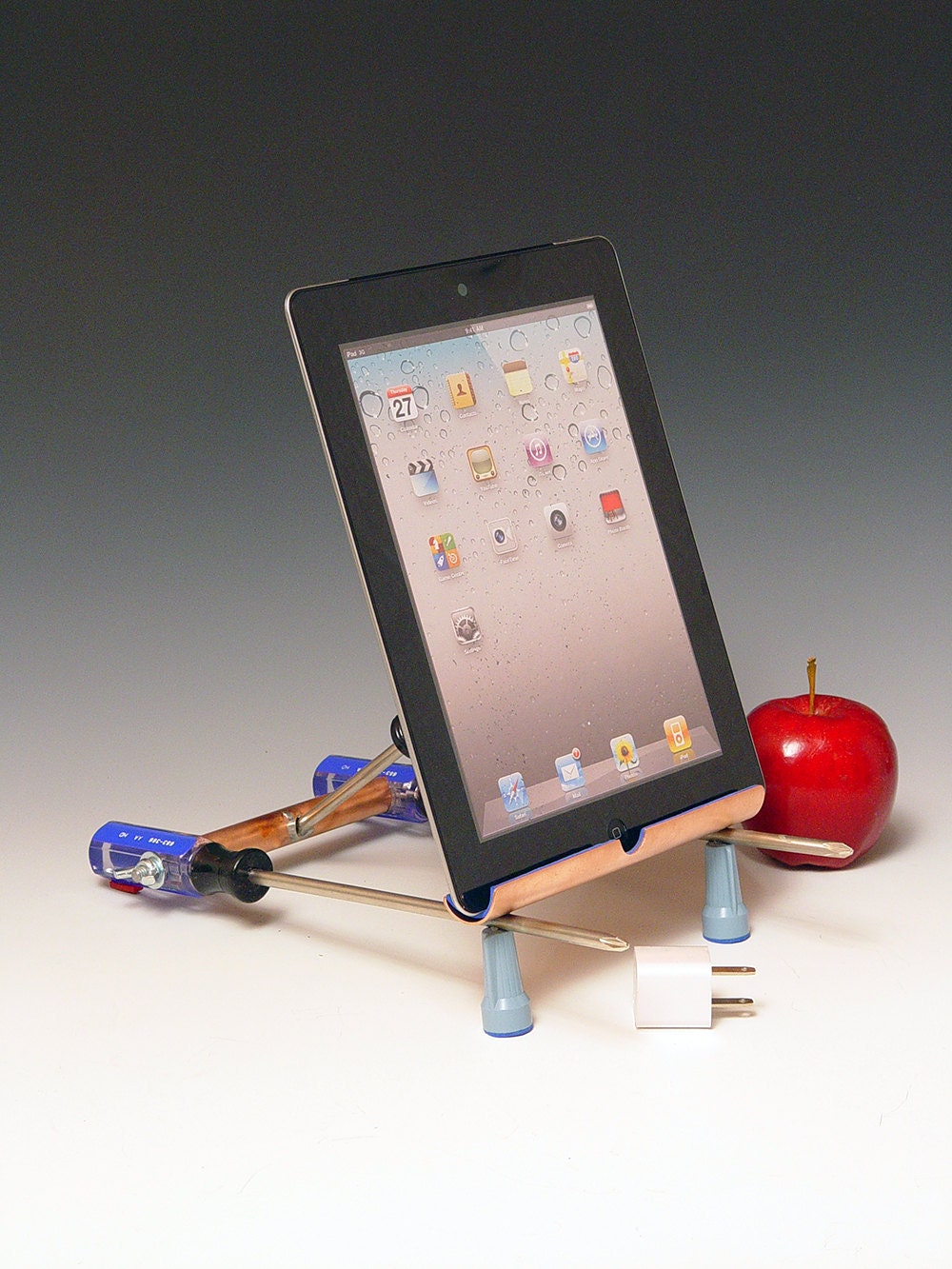 iPad stand with USB wall charger. Handmade from repurposed tools. Functional desk art. Gift for guys. FAST SHIPPING. 189