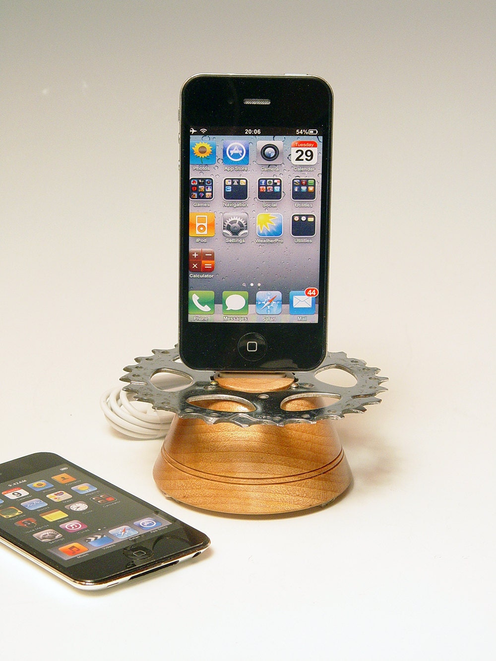 iPod dock. iPhone dock. Recycled bicycle gear and hard maple. A cool gift for a hiker, biker, gear head, or steam punk. FAST SHIPPING. 152