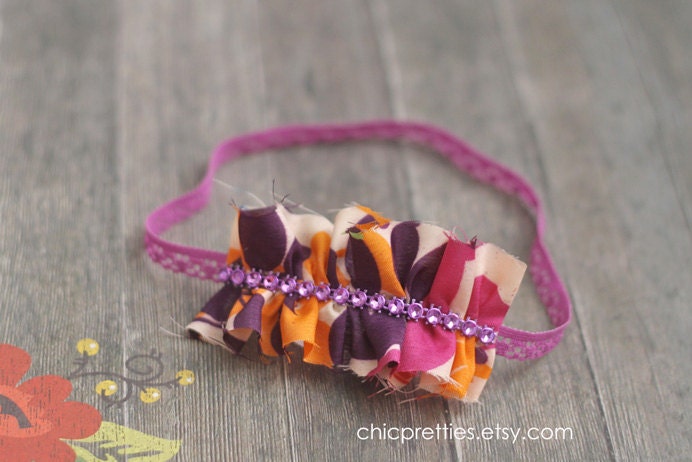 Newborn Baby Girl Photography Prop Summer Fabric on Skinny Purple Lace Headband. Comes in all sizes.