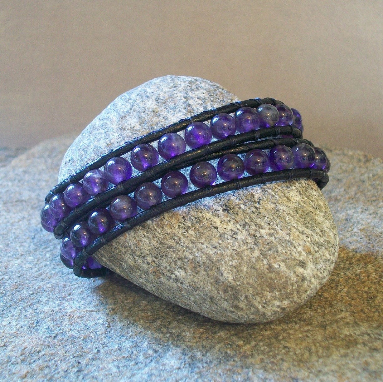 Leather Beaded Wrap Bracelet, Amethyst Double Wrist Wrap, Double Wrap Bracelet