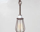 ON SALE - Ceramic Socket Oval Cage Trouble Light Pendant Vintage Industrial Rustic Modern // Cloth Covered Twisted Cord & Bakelite Plug