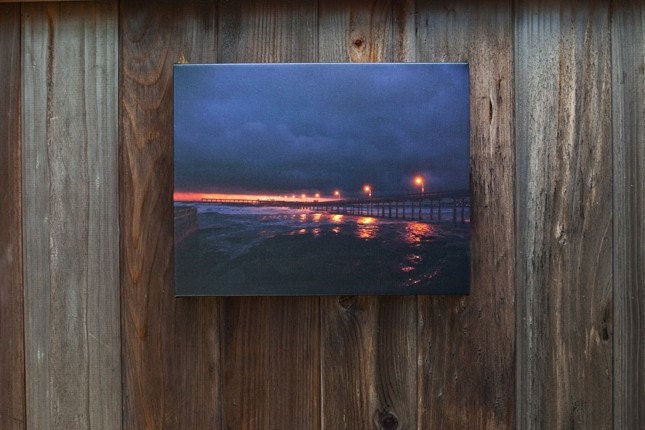 Photograph on Canvas - ocean storm pier - 11x14 - sunset - beach photograph landscape