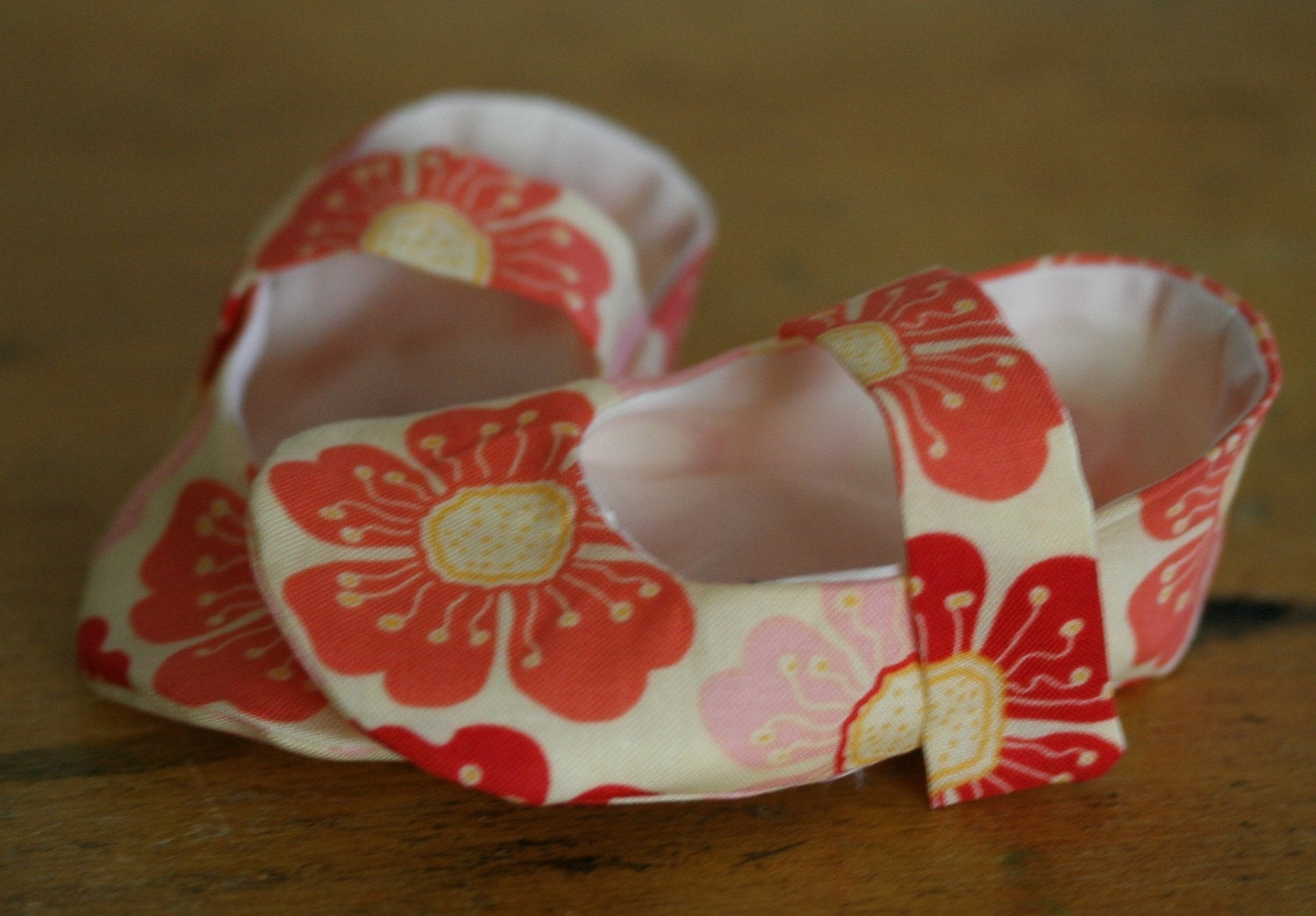 Pink and Coral Fabric Mary Janes Baby Booties - Last Pair