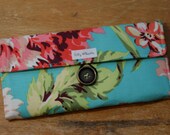 Handmade Wallet - Womens Wallet Turquoise and Coral Floral  Last One - Ready to Ship