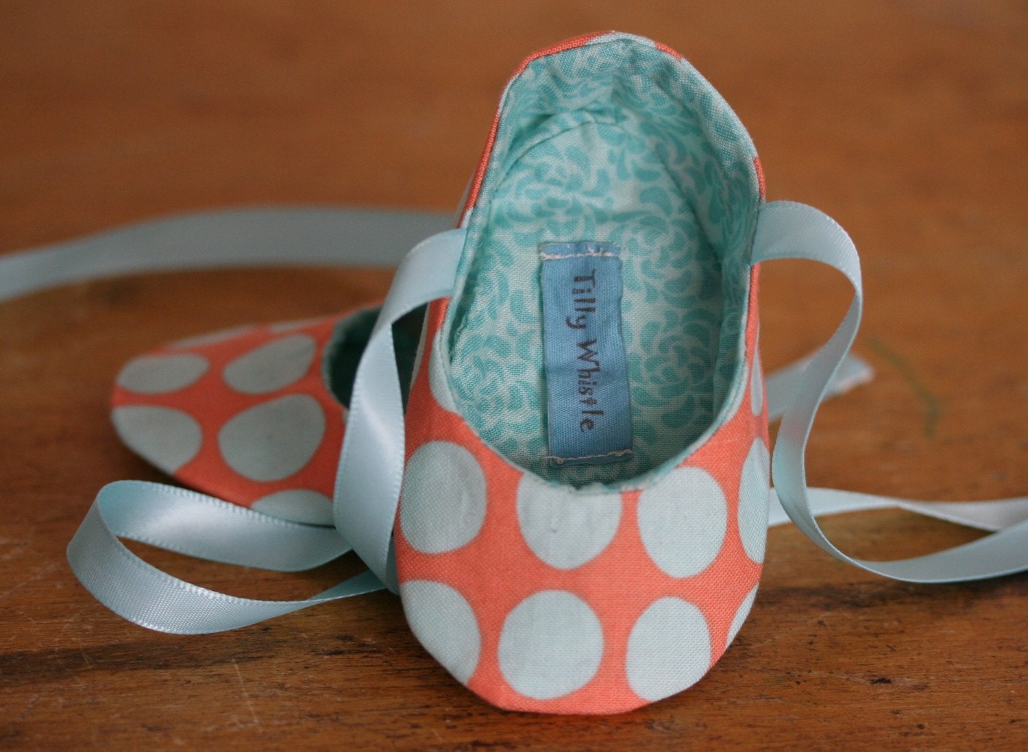 Coral and Blue Polka Dot Ballet Slipper Baby Booties