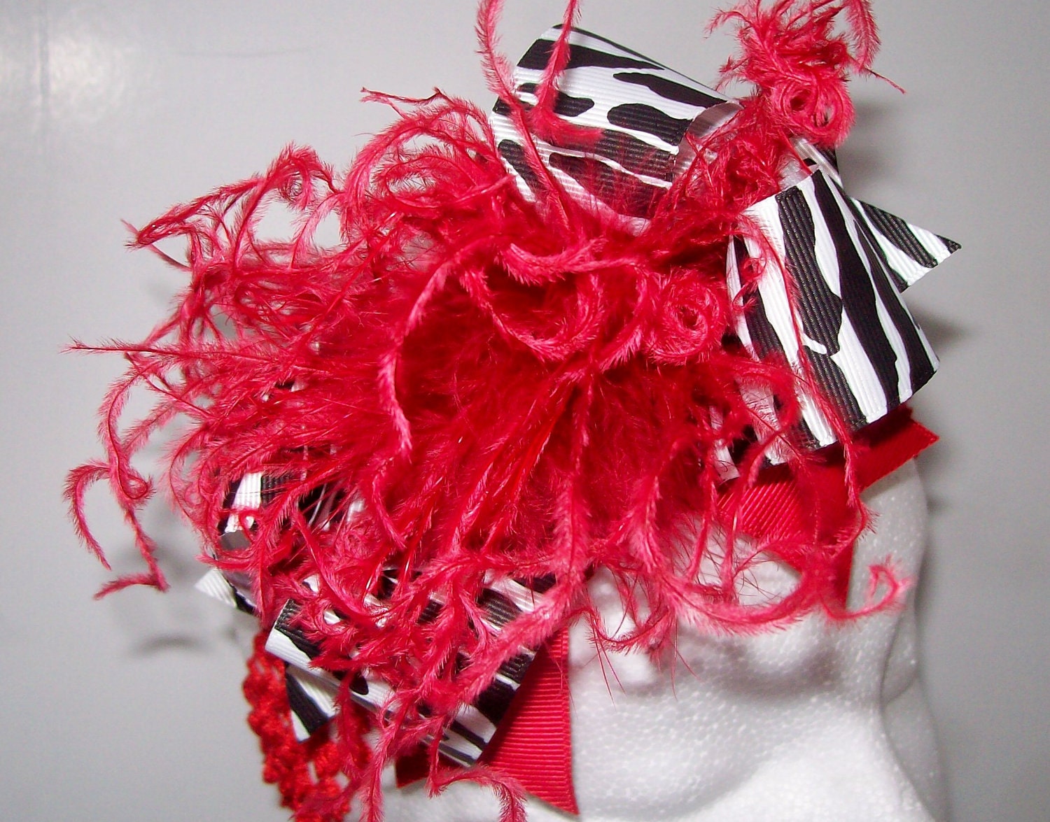 Custom Boutique Over the Top Red Black White Zebra Hair Bow Curly Ostrich Puff OTT Infant Toddler Big Girl