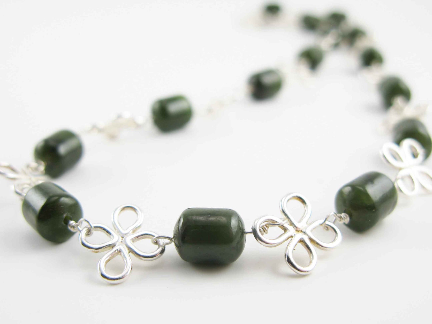 On Vacation NONA: Reproduction Roman Necklace - sterling silver flowers and Nephrite Jade - assembled by hand - mejjewelry