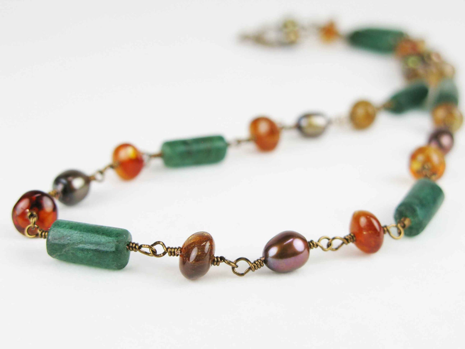 HERMINIA: Reproduction Roman Necklace - "vintage bronze" wirework with emerald green aventurine, citrine and pearls - Handmade - mejjewelry