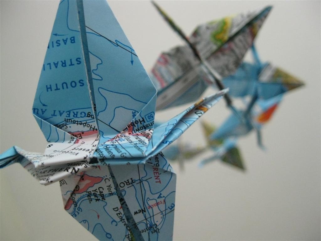 Children Decor Origami Crane Mobile - Baby Mobile - Eco Friendly - Art World Map Atlas Teacher Home Unique Repurposed Blue