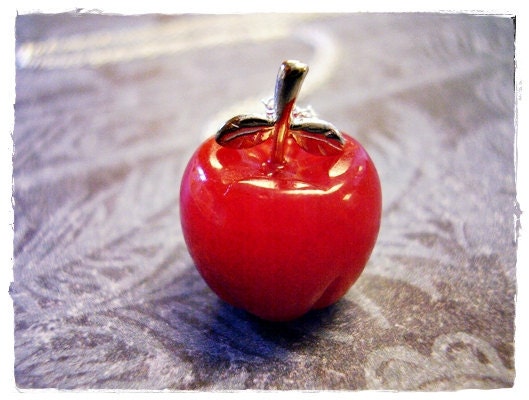 Tiny Red Apple Charm Necklace in Red Aventurine Stone with a Delicate 18 Inch Sterling Silver Cable Chain