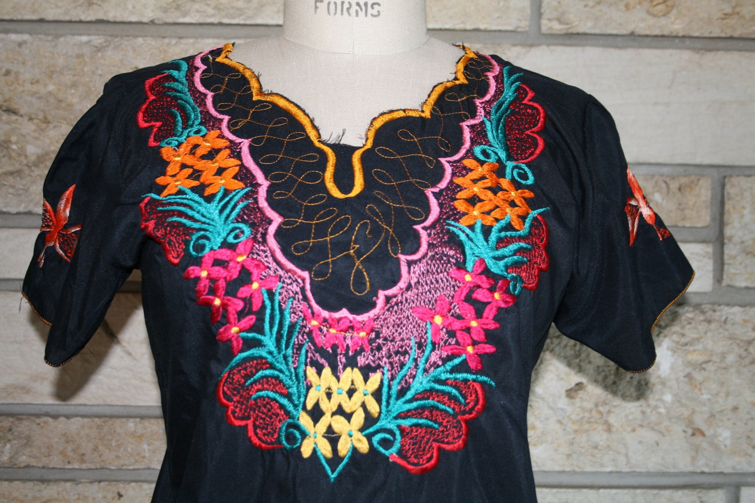 Embrodered Mexican Tunic Boho Shirt with Flowers and Butterflies...medium