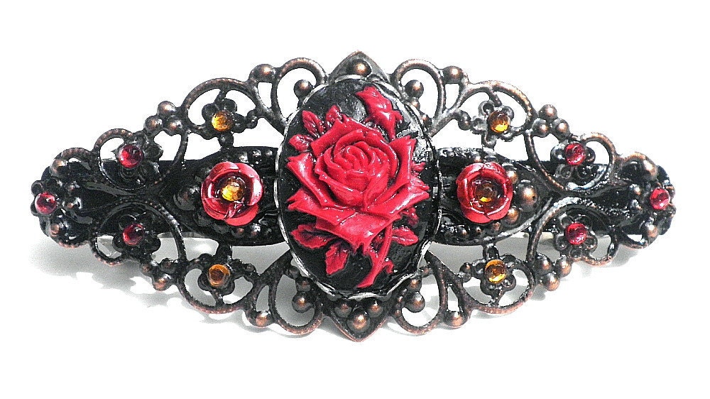 Red Rose Cameo Crystal Barrette