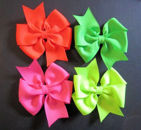 Neon Hair Bow Set of 4. Neon Orange, Neon Green, Neon Pink & Neon Lime Hair Bows. Baby to Adult Hair Bows. Neon Bows. Hair Bow Set