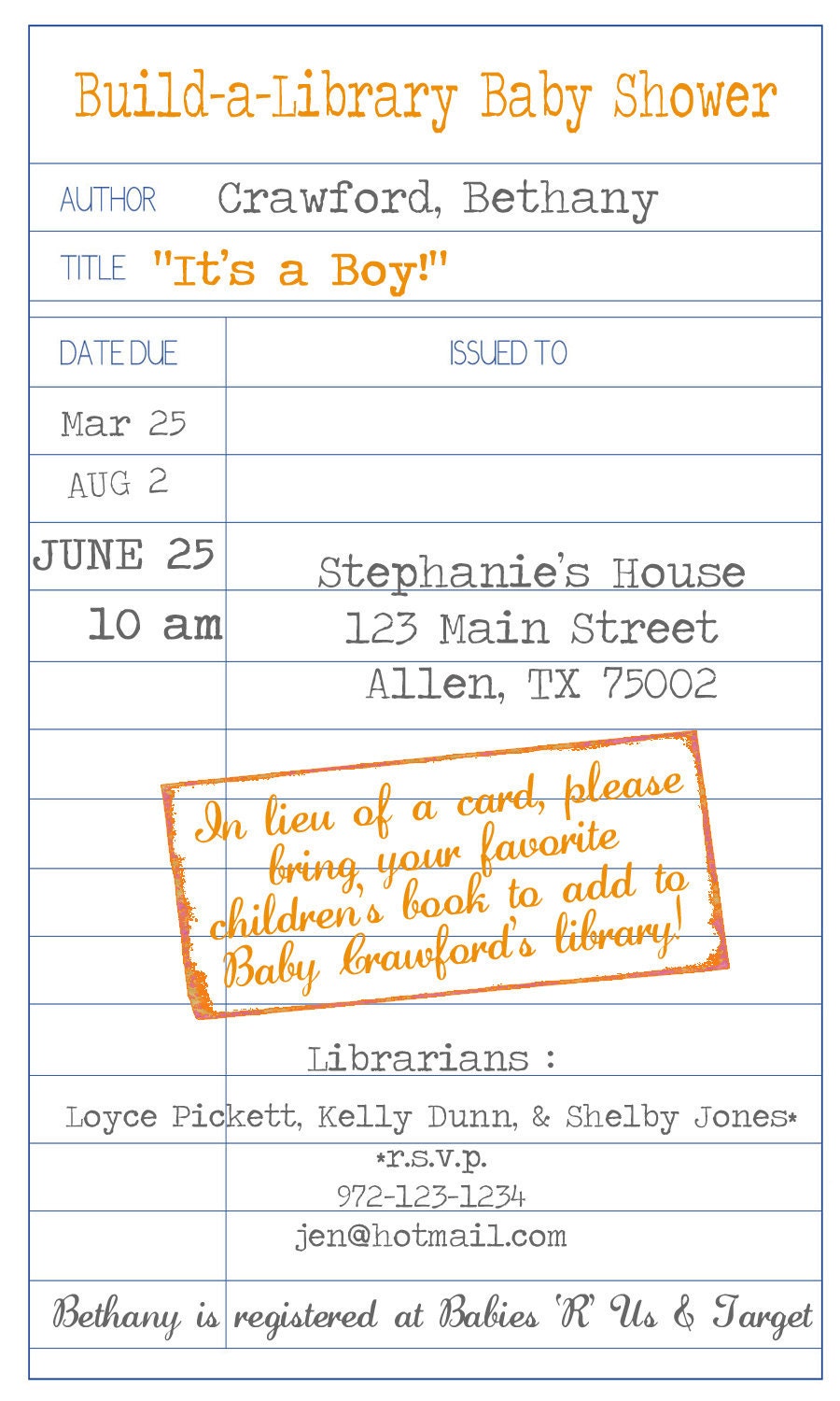 Library Themed Baby Shower Invitation- printable jpg