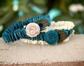 Antique White and Teal Garter Set With Peacock Feathers