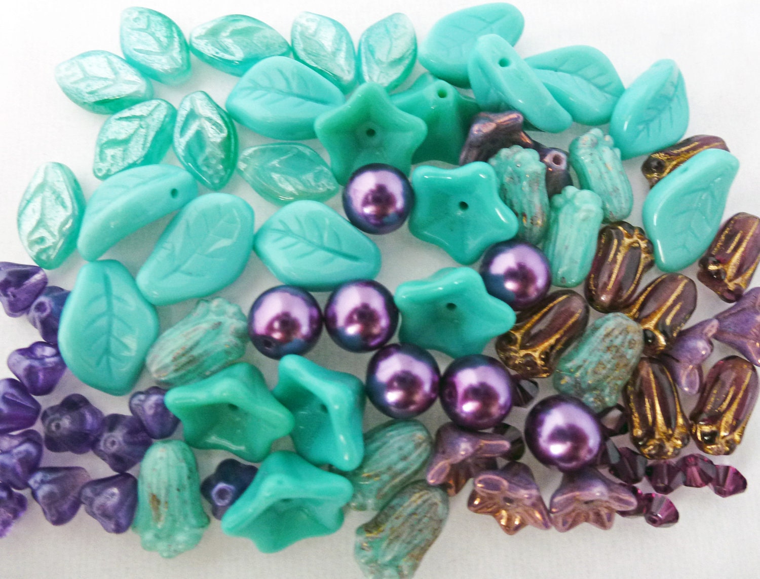 77 Czech Glass Bead Mix with Leaves and Flowers in Green Turquoise and Purples with Austrian Crystal 9 Different Types of Beads