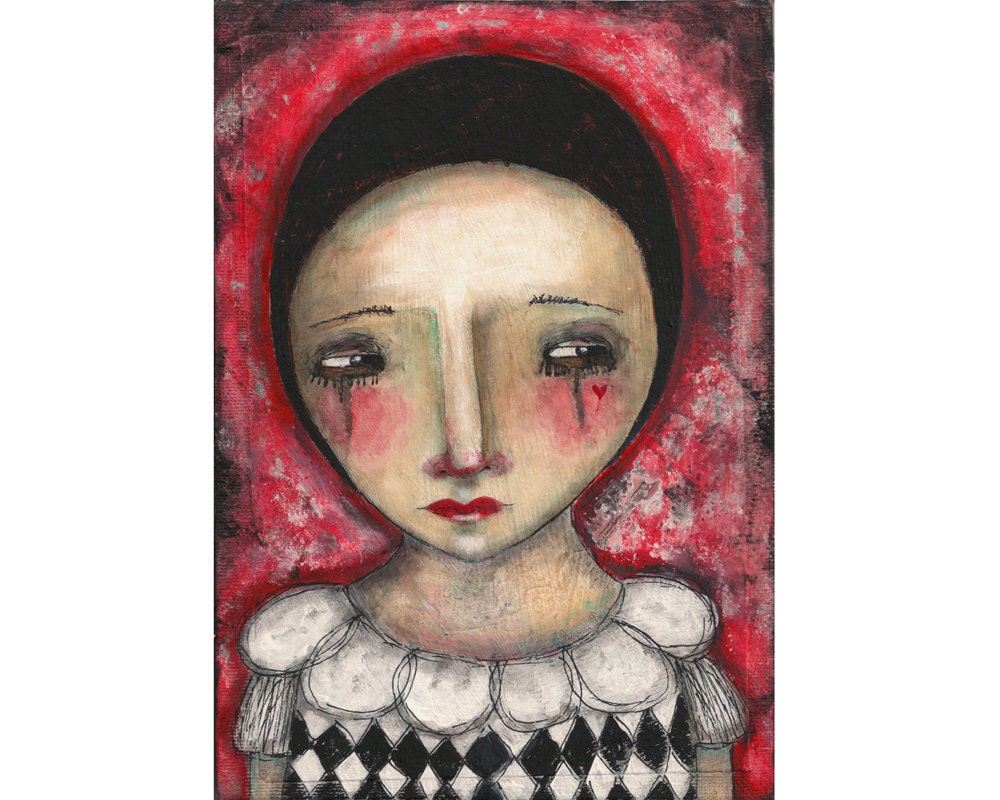 Mixed media Original whimsical girl harlequin folk art circus halloween painting on canvas board - Fragile heart