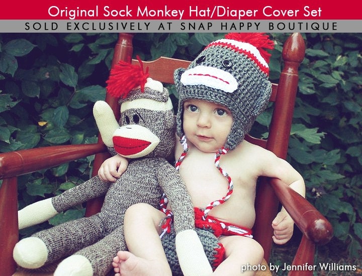 Original Sock Monkey Hat/Diaper Cover Set